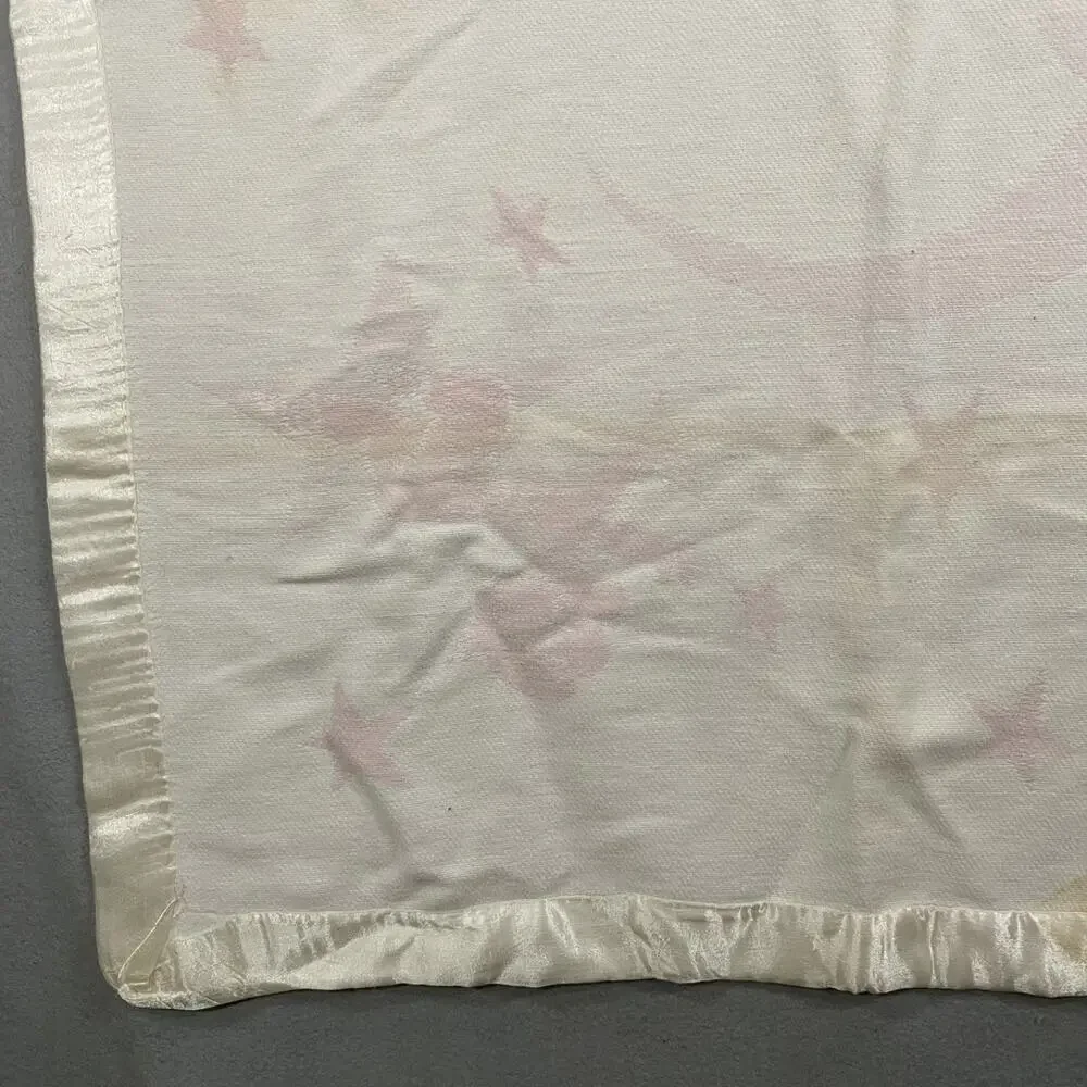 Vintage Baby Girl Nursery Crib Blanket Pink Satin Trim 33 x 39 Moon Stars *Read*